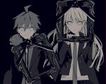  1boy 1girl ahoge bangs black_background bow closed_mouth danganronpa:_trigger_happy_havoc danganronpa_(series) deppa_(dngnn_h) highres holding hood hood_down hoodie iei jacket kirigiri_kyouko long_sleeves looking_at_another naegi_makoto necktie open_clothes open_jacket shirt short_hair sideways_glance skirt standing sweat upper_body 