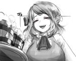  1girl absurdres alcohol beer beer_mug breasts cup daeno eyebrows_visible_through_hair greyscale guardian_tales highres innkeeper_loraine medium_hair monochrome mug open_mouth plate red_eyes signature smug solo teeth upper_body upper_teeth white_background 