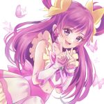  1girl :d bangs blush bow bug butterfly crop_top cure_dream detached_sleeves earrings eyebrows_visible_through_hair hair_bow jewelry long_hair looking_at_viewer meguru_(dagmin) midriff navel pink_hair pleated_skirt precure purple_eyes skirt smile solo stomach twintails very_long_hair white_skirt white_sleeves yellow_bow yes!_precure_5 