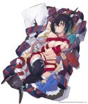  1girl bare_shoulders bikini black_hair black_legwear bound bound_wrists breasts candy candy_cane christmas cleavage closed_mouth criss-cross_halter food frown fur_trim girls&#039;_frontline gun halterneck highres horns knee_up large_breasts long_hair looking_at_viewer lying multi-strapped_bikini multicolored_hair navel on_back ponytail ranyu red_bikini red_ribbon restrained ribbon saf_(girls&#039;_frontline) solo streaked_hair string_bikini swimsuit thighhighs two-tone_hair weapon yellow_eyes 