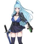  1girl absurdres ass_visible_through_thighs belt black_belt black_jacket black_legwear black_skirt blue_eyes blue_hair blush breasts cleavage closed_mouth copyright_request gun handgun high-waist_skirt highres holding holding_gun holding_sword holding_weapon jacket katana large_breasts laser_sight looking_at_viewer open_clothes open_jacket pistol pointy_ears ponytail rktlek159 simple_background skirt smile solo standing sword thighhighs weapon white_background zettai_ryouiki 