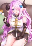  1girl absurdres asymmetrical_gloves blue_eyes braid breasts brown_gloves button_gap character_doll cleavage couch crown_braid draph elbow_gloves fingerless_gloves gloves gran_(granblue_fantasy) granblue_fantasy hair_ornament hair_over_one_eye hairclip highres horns lap_pillow_invitation large_breasts light_purple_hair long_hair mimikaki mismatched_gloves narmaya_(granblue_fantasy) on_couch open_mouth pointy_ears sakurahuji-iro sitting sleeveless sleeveless_jacket smile solo thighs very_long_hair 