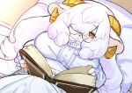 3_fingers anthro bed bedding big_breasts blush book bovid breasts caprine clothed clothing darwin-sensei_kemonomusumetachi_ga_gakuen_de_omochi_desu! eyewear female fingers fur furniture glasses goat hair hair_over_eye high-angle_view holding_object horizontal_pupils horn kemono kishibe long_hair lying mammal mary_cotton monotone_body monotone_fur on_back on_bed one_eye_obstructed pigtails pupils slightly_chubby solo white_body white_fur white_hair yellow_eyes 