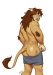 anthro butt clothed clothing exposed_butt facial_hair felid hi_res jewelry kahlu lion looking_at_viewer lowered_underwear male mammal mane mustache pantherine rear_view ring simple_background smile solo tail_jewelry tail_ring underwear underwear_only undressing white_background 