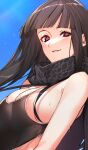  1girl bangs bare_shoulders black_hair black_scarf black_swimsuit blue_sky blunt_bangs blush breasts cleavage fate/grand_order fate_(series) grin k52 koha-ace large_breasts long_hair looking_at_viewer one-piece_swimsuit oryou_(fate) pink_eyes scarf sky smile solo swimsuit very_long_hair 