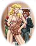  anthro blonde_hair canid canine clothing duo female flower fox genitals hair holding_flower holding_object holding_rose human human_on_anthro interspecies lingerie living_room looking_at_another male male/female mammal nipples plant pussy rose_(flower) style_wager suit teddy_(clothing) undressing 