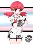  1girl :d absurdres alternate_costume blush breasts hand_on_hip hand_up highres jersey looking_at_viewer open_mouth poke_ball_print pokemon pokemon_(game) pokemon_hgss print_shirt red_eyes red_hair shabana_may shirt short_shorts short_sleeves shorts smile solo sportswear twintails uniform_number white_shirt white_shorts whitney_(pokemon) 