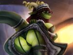  anthro big_breasts black_clothing black_underwear breasts butt clothing digital_media_(artwork) eyewear female garter_straps general-irrelevant glasses green_body green_scales horn maid_headdress maid_uniform presenting presenting_hindquarters scales scalie smile solo underwear uniform 