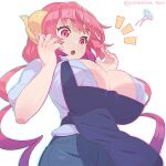  1girl :o apron blue_shirt breasts buttons chromatic_aberration cleavage dragon_horns fang flying_button horns ilulu_(maidragon) kobayashi-san_chi_no_maidragon large_breasts long_hair pink_eyes pink_hair pointy_ears popped_button shirt simple_background slit_pupils solo surprised twintails twitter_username very_long_hair white_background yonezawa_mao 