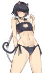  1girl animal_ears animal_print arm_behind_back arm_up bangs bell black_bra black_hair black_panties bleach blue_eyes blunt_bangs bra braid breasts cat_cutout cat_ears cat_lingerie cat_panties cat_print cat_tail choker clothing_cutout embarrassed highres jingle_bell kuma_(jk0073) long_hair looking_at_viewer meme_attire navel neck_bell panties paw_pose paw_print print_panties side-tie_panties small_breasts solo standing sui-feng tail twin_braids twintails underwear white_background 