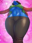  2018 anthro big_breasts bottomwear breasts brown_hair clothing dragon female general-irrelevant hair hi_res jv low-angle_view navel pants solo transformation under_boob wide_hips worm&#039;s-eye_view 