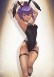  1girl absurdres animal_ears announ_(kurotya) bangs black_leotard breasts covered_navel dark-skinned_female dark_skin fake_animal_ears fate/prototype fate/prototype:_fragments_of_blue_and_silver fate_(series) hassan_of_serenity_(fate) highleg highleg_leotard highres leotard looking_at_viewer medium_breasts playboy_bunny purple_eyes purple_hair rabbit_ears short_hair sidelocks 