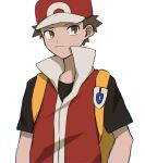  1boy backpack bag baseball_cap black_shirt brown_eyes brown_hair closed_mouth commentary_request frown hat highres jacket male_focus pokemon pokemon_(game) pokemon_frlg popped_collar red_(pokemon) red_headwear shirt short_hair short_sleeves sideways_glance simple_background solo spiked_hair t-shirt umekobushi upper_body vs_seeker white_background yellow_bag 