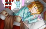  1girl bed blonde_hair blue_shirt blue_shorts camera christmas closed_eyes dreaming drooling eyebrows_visible_through_hair fullbokko_heroes gift highres lying mikosi on_side open_mouth original pajamas santa_claus santa_claus_(fullbokko_heroes) shirt shorts sleeping tucking_in 