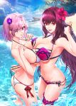  2girls ass bangs bare_shoulders beach bikini black_joa blue_sky breasts cleavage collarbone fate/grand_order fate_(series) flower hair_between_eyes hair_flower hair_ornament hair_over_one_eye hibiscus highres large_breasts light_purple_hair long_hair looking_at_viewer mash_kyrielight multiple_girls navel ocean purple_bikini purple_eyes purple_hair red_eyes scathach_(fate) scathach_(swimsuit_assassin)_(fate) shore short_hair sky smile swimsuit thighs white_bikini 