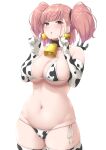  1girl animal_print atlanta_(kancolle) bell bikini blush breasts brown_hair collarbone cow_print cowbell cowboy_shot elbow_gloves eyebrows_visible_through_hair gloves grey_eyes groin highres index_fingers_raised kantai_collection large_breasts long_hair navel open_mouth partially_fingerless_gloves simple_background solo swimsuit takomeshi thighhighs two_side_up white_background white_bikini white_gloves white_legwear 