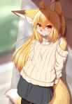  2021 ahoge anthro blonde_hair blush bottomwear brown_body brown_fur canid canine clothed clothing cute_fangs dipstick_ears dipstick_tail female fox fur hair hands_behind_back hi_res horokusa0519 inner_ear_fluff kemono long_hair looking_at_viewer mammal markings multicolored_body multicolored_ears multicolored_fur orange_eyes skirt solo sweater tail_markings topwear tuft white_body white_fur yellow_body yellow_fur 