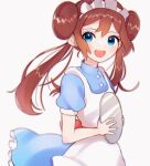  1girl :d alternate_costume apron bangs blue_dress blue_eyes blurry blush brown_hair buttons double_bun dress enmaided eyelashes highres holding holding_tray long_hair maid maid_headdress open_mouth pokemon pokemon_(game) pokemon_bw2 rosa_(pokemon) shiny shiny_hair short_sleeves smile solo teeth tongue tray twintails umekobushi upper_teeth white_apron 