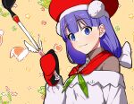  1girl beret blue_eyes christmas fate/grand_order fate_(series) hat ladle long_hair martha_(fate) martha_(santa)_(fate) mittens pom_pom_(clothes) purple_hair smile tsurusaki_yuu 