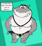  2021 anthro belly biped clothing dreamworks english_text fish grey_body hi_res jockstrap kentcoyote male marine moobs mr._shark_(the_bad_guys) overweight overweight_male shark simple_background solo text the_bad_guys underwear 