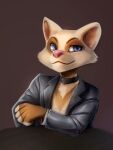  anthro blue_eyes choker clothing fur general-irrelevant hi_res jacket jewelry looking_aside male meme necklace pink_nose simple_background smile solo species_request tan_body tan_fur topwear 