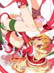  1girl bell blonde_hair blush boots bound bow capelet christmas commentary_request demon_tail disgaea elbow_gloves flonne flonne_(fallen_angel) flying_sweatdrops fur-trimmed_capelet fur_trim gloves hair_between_eyes hairband highres long_hair looking_at_viewer makai_senki_disgaea midriff miyakawa106 neck_bell red_capelet red_eyes red_ribbon red_skirt ribbon ribbon_bondage skirt solo sweat tail tail_bow tail_ornament tearing_up 