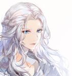  1girl blue_eyes braid collarbone eyebrows_visible_through_hair eyes_visible_through_hair final_fantasy final_fantasy_xiv grey_background grey_hair highres light_smile long_hair nevakuma_(fanfanas) parted_lips pink_lips simple_background smile solo upper_body venat_(ff14) 