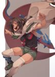  1girl anklet belt black_shirt boots breasts brown_hair cloak commentary_request floating_cape fu-ta green_footwear green_shorts grey_legwear hands_up highres jewelry long_hair open_mouth pokemon pokemon_(creature) pokemon_(game) pokemon_oras red_belt red_eyes red_ribbon ribbon rope_belt salamence shirt short_shorts shorts teeth thighhighs toeless_footwear toes tongue upper_teeth zinnia_(pokemon) 