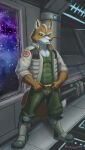  2021 anthro belt big_muscles boots bottomwear canid canine clothed clothing detailed_background eyebrows footwear fox fox_mccloud fur hair hi_res inside jacket looking_at_viewer male mammal muscular muscular_anthro muscular_male nintendo open_clothing open_jacket open_topwear pants rrougarou1 shirt signature smile solo space spacecraft standing star star_fox topwear tuft vehicle video_games window 