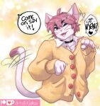  2021 anthro clothing collar conditional_dnp domestic_cat english_text eyes_closed felid feline felis fur hair male mammal nakoo open_mouth pink_body pink_fur pink_hair text 