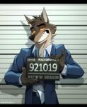  2021 absurd_res anthro black_bars bottomwear canid canine canis clothing dreamworks hi_res male mammal mr._wolf_(the_bad_guys) numbered_tag pants police_lineup redchetgreen solo station suit teeth the_bad_guys widescreen wolf 