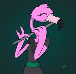  2021 4_fingers anthro avian bird cel_shading clothing digital_drawing_(artwork) digital_media_(artwork) dress eyes_closed feather_hands feathers fingers flamingo gren_background grey_clothing grey_dress male musical_instrument pink_beak pink_body pink_feathers playing_flute playing_music shaded signature smile solo solo_focus standing zigmenthotep 