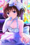  1girl alternative_girls asahina_nono bow_hairband breasts brown_hair cleavage closed_mouth daisy dress elbow_gloves eyebrows_visible_through_hair fingernails flower gloves hairband hand_on_own_face highres jewelry looking_at_viewer official_art purple_eyes ring short_hair solo tears wedding_dress white_gloves 