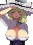  1girl bags_under_eyes bangs black_headwear blonde_hair bow braid breasts brown_eyes cleavage cleavage_cutout clothing_cutout cookie_(touhou) corset covered_nipples eyebrows_visible_through_hair frilled_hat frilled_shirt frills hair_between_eyes hair_bow hat highres koiso_usu large_breasts long_hair mars_(cookie) puffy_short_sleeves puffy_sleeves shirt short_sleeves side_braid simple_background single_braid solo sweat sweatdrop upper_body white_background white_shirt witch_hat 