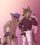  2021 abs absurd_res anthro anthro_on_anthro athletic athletic_anthro athletic_male balls belt bottomwear canid canine canis clothed clothing crossover dreamworks dress_shirt duo erection eyebrows ffog foreskin fur genitals gloves gradient_background handwear hat headgear headwear hi_res holding_clothing holding_object holding_shirt holding_topwear humanoid_genitalia humanoid_penis looking_at_another male male/male mammal mr._wolf_(the_bad_guys) navel nude pants penis pink_background procyonid raccoon shirt simple_background sly_cooper sly_cooper_(series) smile sony_corporation sony_interactive_entertainment standing sucker_punch_productions teeth the_bad_guys topwear tuft unzipped video_games wolf 