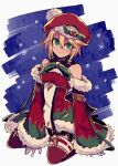  1girl bangs bare_shoulders blazblue blonde_hair blush bow bowtie christmas closed_mouth detached_sleeves fur_trim gloves green_bow green_bowtie green_eyes hair_between_eyes hat kneeling looking_at_viewer mako_gai night night_sky noel_vermillion official_alternate_costume red_legwear santa_costume seiza short_hair simple_background sitting sky smile solo star_(sky) white_background white_gloves wide_sleeves 