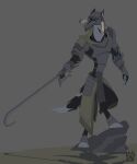  2017 anthro armor biped canid canine canis claws clothed clothing fully_clothed grey_background headgear helmet hi_res horn horned_helmet male mammal rock simple_background solo standing weapon wolf wolfdawg 