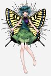  1girl absurdres alternate_eye_color antennae aqua_hair bare_legs barefoot butterfly_wings dress eternity_larva fairy full_body green_dress green_eyes grey_background hair_between_eyes highres inoshin_(inixia1748) leaf leaf_on_head multicolored_clothes multicolored_dress open_mouth round_teeth short_hair simple_background single_strap smile solo teeth touhou upper_teeth wings 