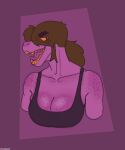  2021 absurd_res anthro big_breasts breasts brown_hair bust_portrait cleavage clothed clothing collarbone colored deltarune digital_drawing_(artwork) digital_media_(artwork) dragon female freckles hair hi_res humanoid looking_aside not_furry open_mouth orange_eyes portrait purple_body purple_scales reptile scales scalie shirt simple_background smile solo solo_focus susie_(deltarune) tank_top teeth tongue topwear translucent translucent_hair undertale_(series) vaalgarth video_games 