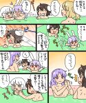  &gt;_&lt; 5girls animal_ears bathtub black_hair blonde_hair breasts inaba_tewi indoors konpaku_youmu koyama_shigeru medium_hair multiple_girls no_nipples purple_hair rabbit_ears reisen_udongein_inaba snot splashing touhou translation_request watatsuki_no_toyohime watatsuki_no_yorihime water wet white_hair x 