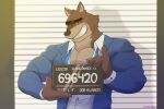  &lt;3 2021 anthro big_muscles canid canine canis clothed clothing crocobu dreamworks dress_shirt english_text eyebrows fur half-length_portrait hi_res holding_object humor looking_at_viewer male mammal mr._wolf_(the_bad_guys) mugshot muscular muscular_anthro muscular_male narrowed_eyes necktie number numbered_tag open_clothing open_shirt open_topwear pecs police_lineup portrait shirt smile solo stated_homosexuality stated_sexuality station teeth text the_bad_guys topwear tuft wolf 