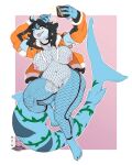  2021 anthro black_hair blue_body blue_skin breasts cellphone claws female fin finger_claws fish fishnet_clothing genitals hair hi_res hyucaze marine multicolored_body multicolored_skin nipple_piercing nipples phone piercing pink_background pussy selfie shark simple_background smartphone solo tail_fin tongue tongue_out two_tone_body two_tone_skin white_background white_body white_skin yellow_eyes 