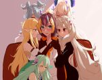  6+girls :&lt; absurdres anger_vein bare_shoulders black_gloves blue_eyes blush closed_eyes elira_pendora english_commentary enna_alouette finana_ryugu gloves green_hair hair_over_one_eye hand_on_another&#039;s_head harem head_fins head_wings heart highres hood hood_down hoodie long_hair looking_at_another mariposa_minako multicolored_hair multiple_girls nijisanji nijisanji_en petra_gurin pointy_ears pomu_rainpuff red_eyes reimu_endou shadow short_hair smile sweat two-tone_hair very_long_hair virtual_youtuber yuri 