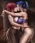 2girls arcane:_league_of_legends bandaid bandaid_on_arm blue_hair blurry blurry_background bra breasts caitlyn_(league_of_legends) closed_eyes dandon_fuga highres horizontal_stripes kiss league_of_legends multiple_girls muscular muscular_female navel panties pants pink_hair plant ponytail short_hair stomach striped striped_pants thighhighs toned underwear vi_(league_of_legends) yuri 
