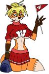  backpack bottomwear canid canine clothing eyewear female flag fox glasses mammal miniskirt skirt smile sweatshirt torn_clothing 