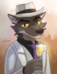  2021 alcohol anthro beverage bubble canid canine canis champagne clothing dreamworks fedora fur glass hat headgear headwear hi_res ledrixon male mammal mr._wolf_(the_bad_guys) signature smile solo suit the_bad_guys wolf 