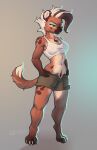  anthro bottomwear claws clothed clothing female fur hair hi_res hyaenid looking_at_viewer mammal multicolored_body multicolored_fur multicolored_hair nipple_outline piersing reaper3d shorts simple_background smile solo striped_hair two_tone_hair yellow_eyes 