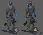  2017 anthro armor biped bone canid canine canis clothed clothing fire fully_clothed grey_background headgear helmet male mammal rock simple_background skull solo standing weapon wolf wolfdawg 