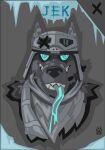  2017 anthro armor canid canine canis eyewear eyewear_on_head goggles goggles_on_head grey_background headgear headshot_portrait helmet hi_res male mammal portrait scarf simple_background solo teeth wolf wolfdawg 