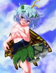  1girl absurdres alternate_breast_size antennae aqua_hair areola_slip areolae blush breasts brown_eyes butterfly_wings clothes_pull covering covering_breasts dress dress_pull eternity_larva eyebrows_visible_through_hair fairy feet_out_of_frame green_dress hair_between_eyes highres hits_(hitstts) large_breasts leaf leaf_on_head multicolored_clothes multicolored_dress open_mouth short_hair solo touhou wings 